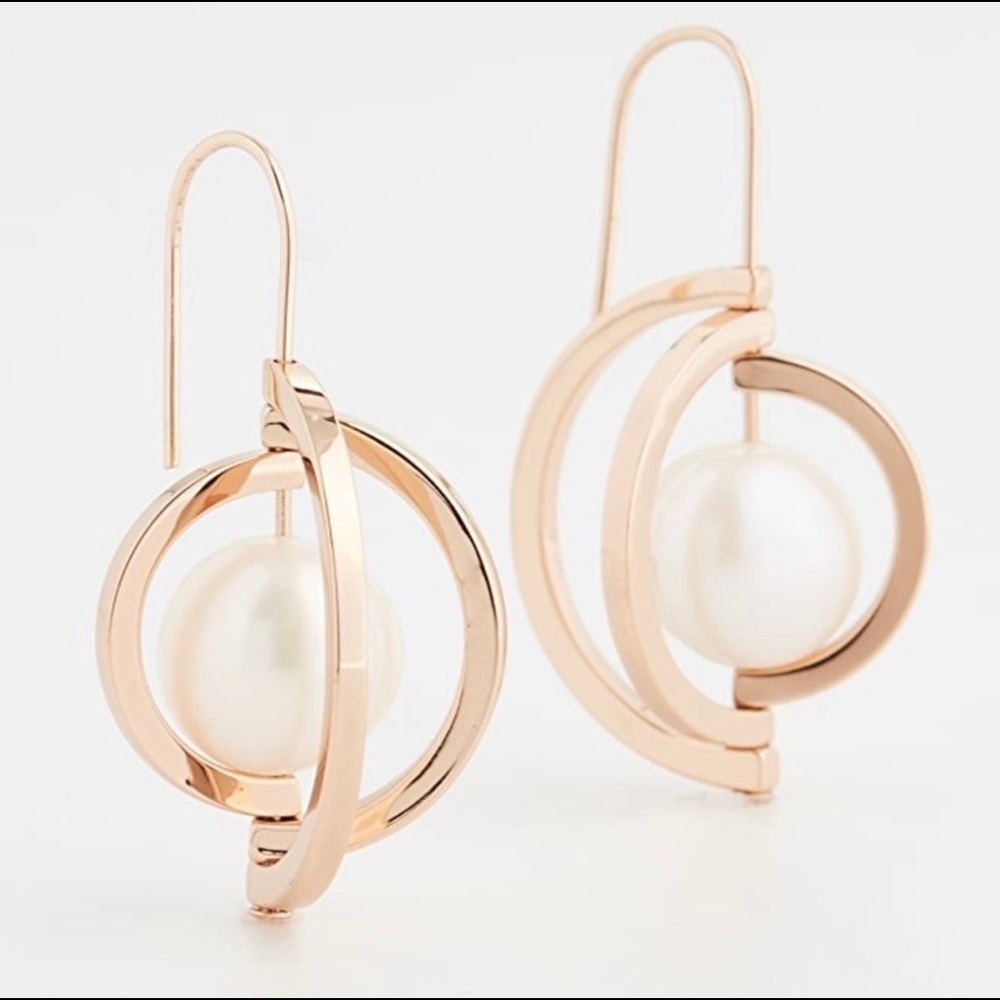 Tory Burch rose gold hoop drop earrings with pearl orbs